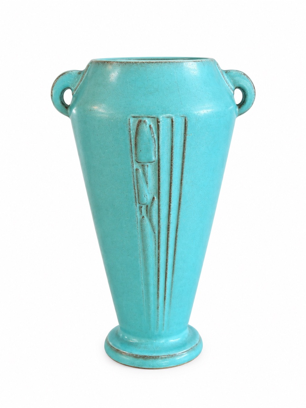 Roseville Moderne Aqua Turquoise Matte Tulip Handles Vase 797 - 8” Art Deco 1936
